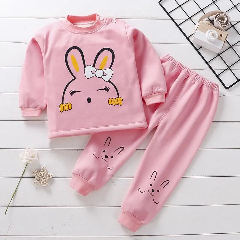 Children's thermal underwear set in coral fleece with cotton main fabric, thickened two-piece base layer in nine cartoon print colourways.