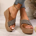 Leopard pattern plaid wedge sandals with rubber soles in black and brown colour options