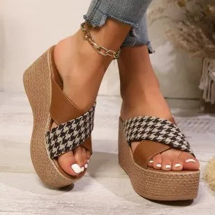Leopard pattern plaid wedge sandals with rubber soles in black and brown colour options