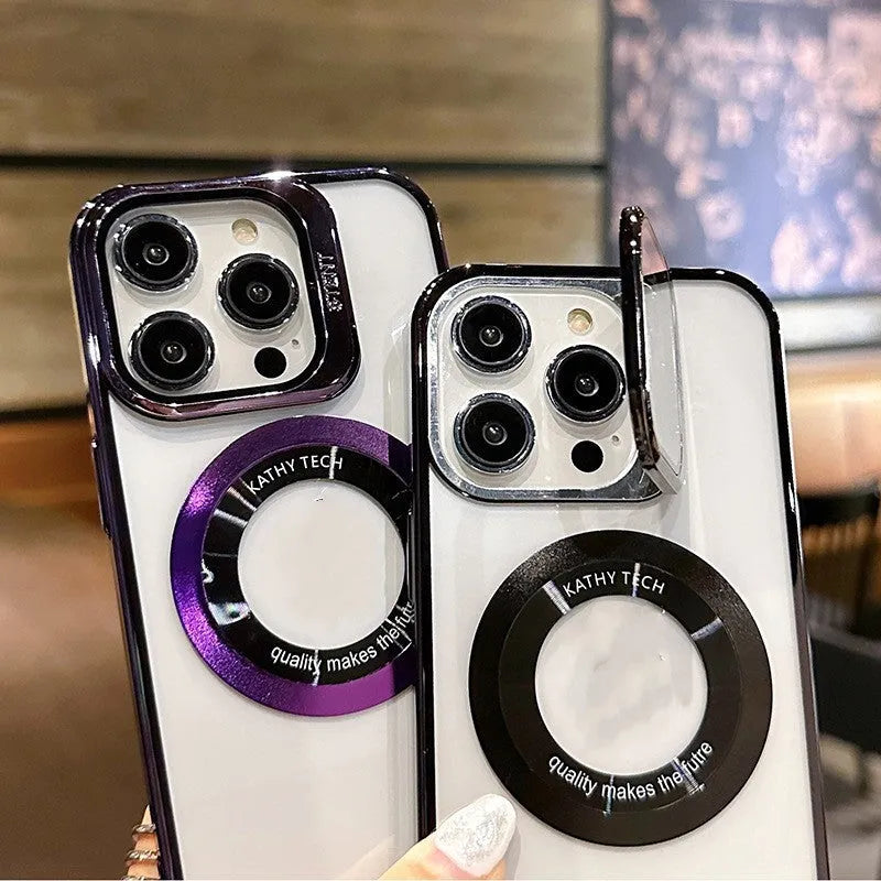 Magnetic mobile phone case for iPhone in dark purple, silver, black, or blue with exposed label design.