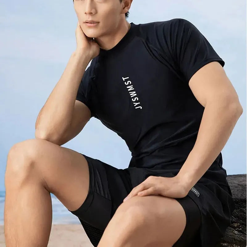 Men's two-piece polyester swimsuit set in plus sizes with matching top and swimming trunks