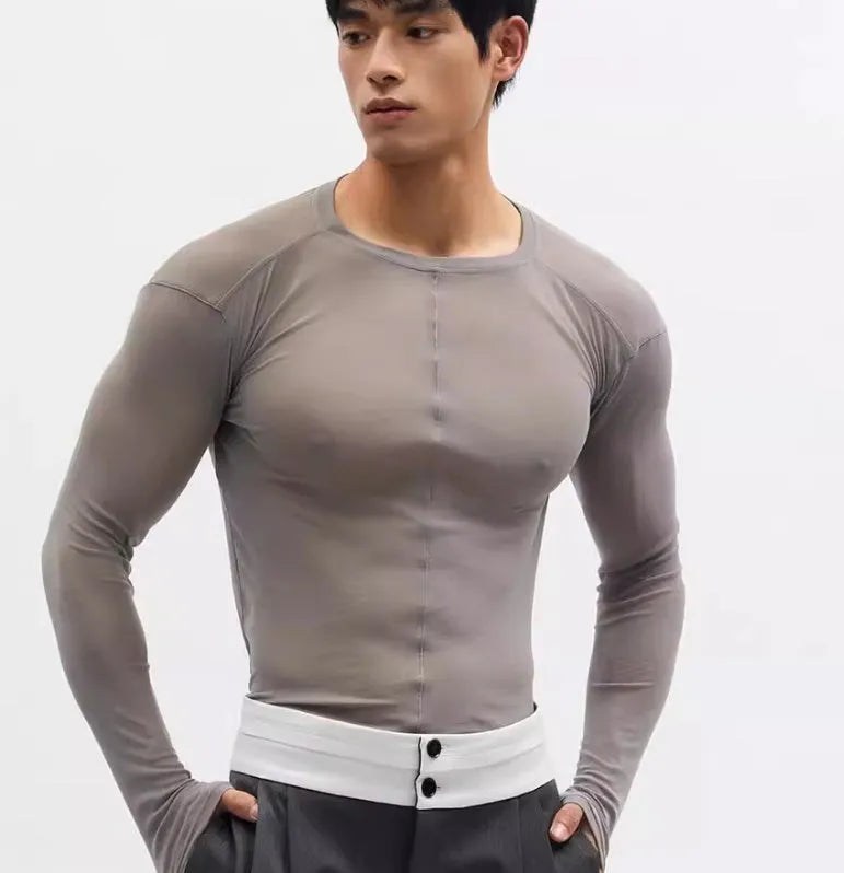 Black slim-fit mesh see-through long sleeve PU pullover on a hanger