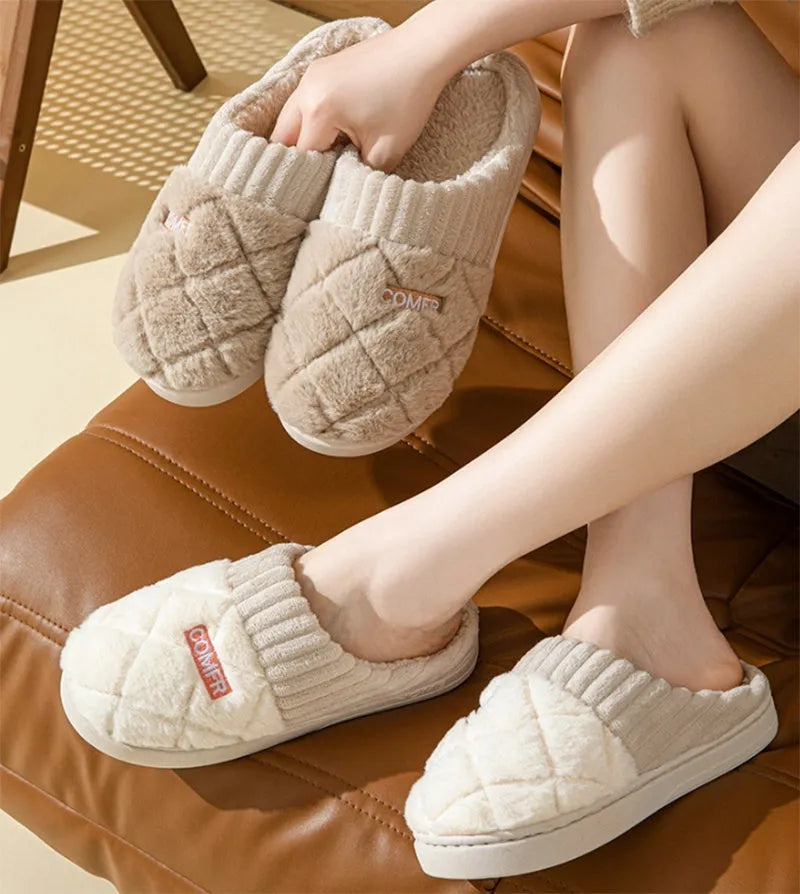Solid rhombic letter plush home slippers with anti-slip EVA sole, five colours, sizes 36-45