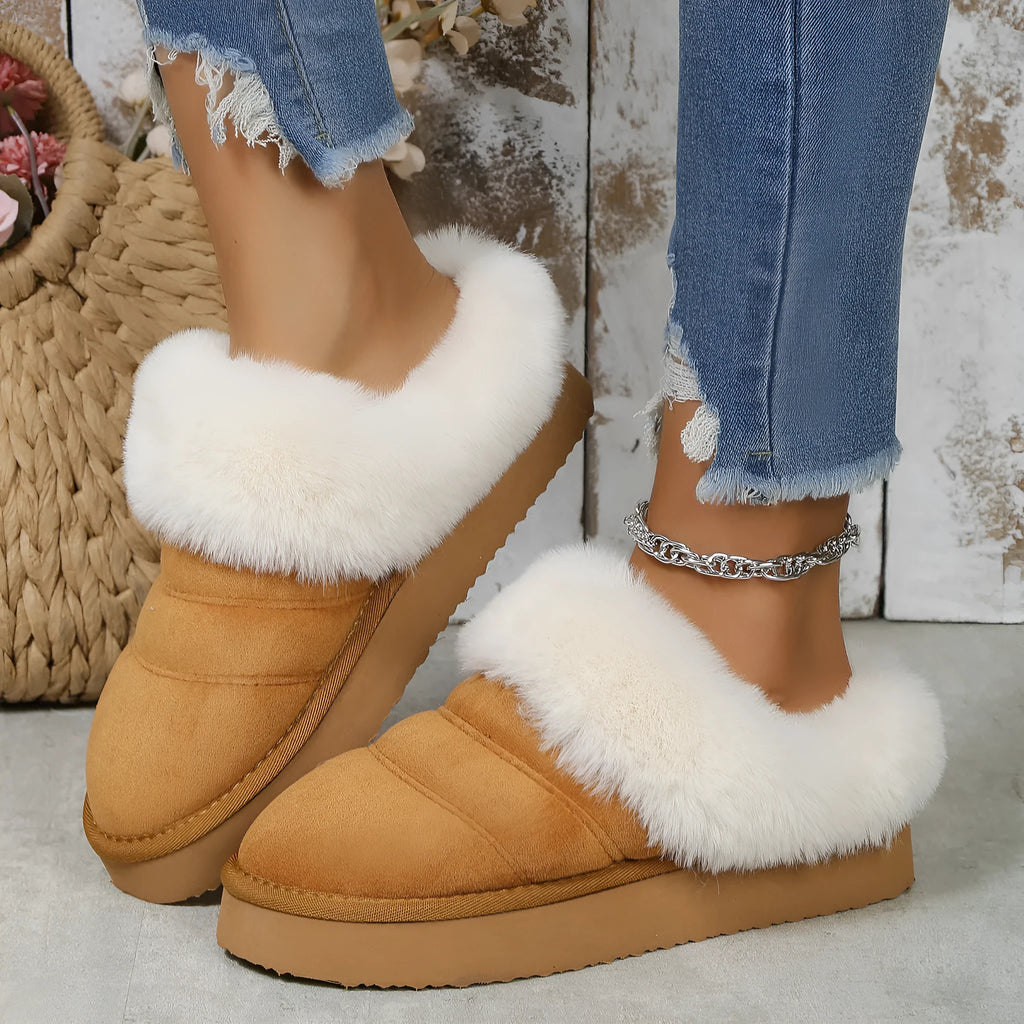 Women's winter plush slippers in solid colour, thick cotton sole with chunky heel, rubber outsole
