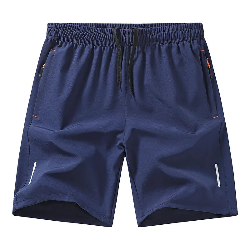 Men's thin polyester athletic shorts for summer, straight-leg sports style, in black grey blue army green khaki.