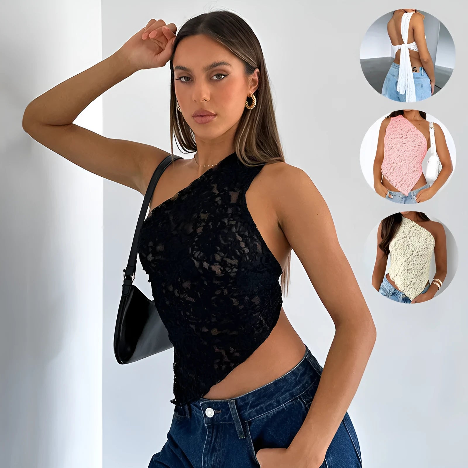 Women's apricot lace backless sleeveless vest top with an asymmetrical neckline on a model.