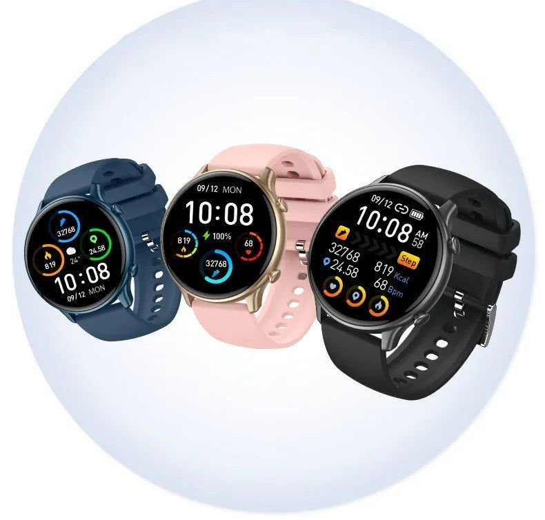 Round touch screen smart sports watch with silicone strap showing heart rate display