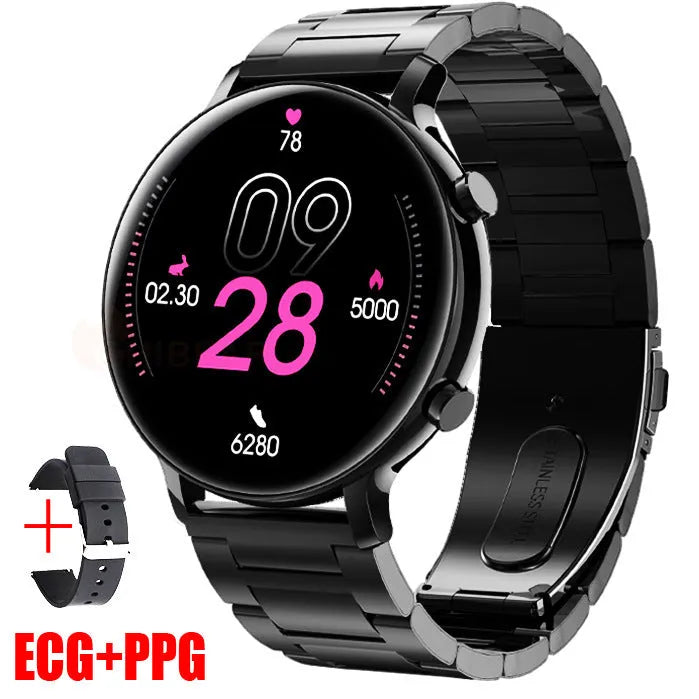 Black business smartwatch with stainless steel strap on a wrist, showing call and health tracking screen.