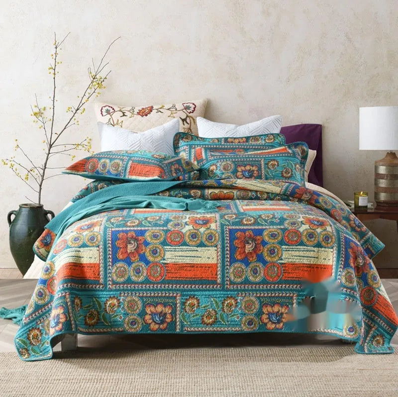 Pure cotton bedspread three-piece set with geometric pattern, showing bedcover and pillowcases.