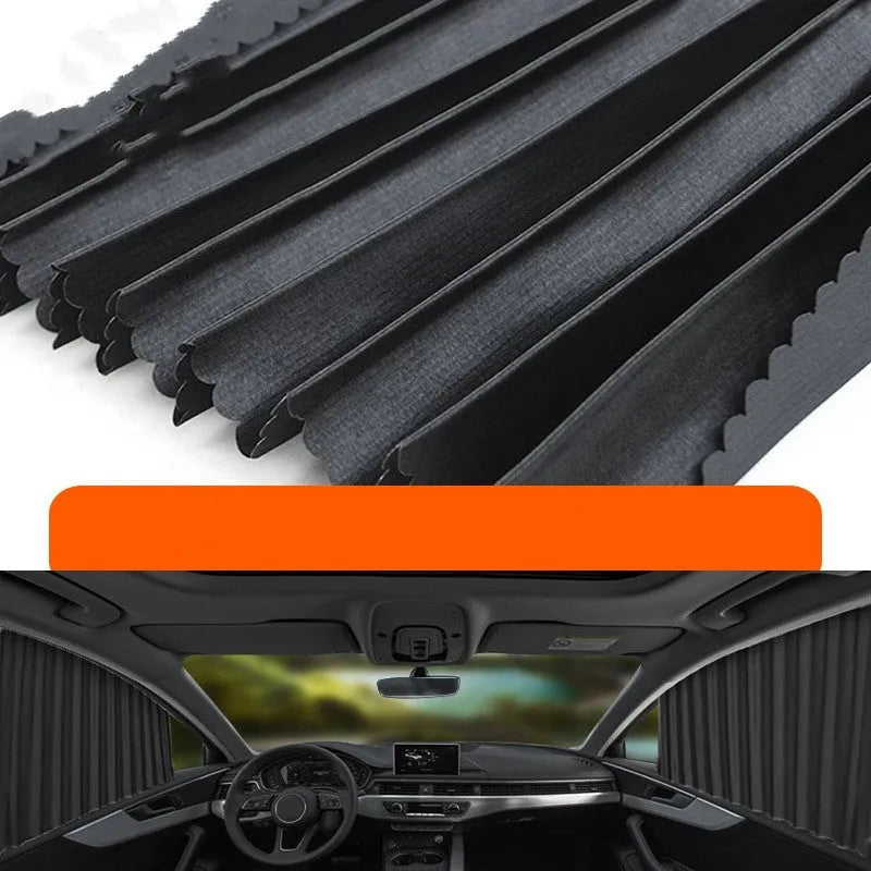 Retractable car sun curtain in opaque cloth extended across vehicle window