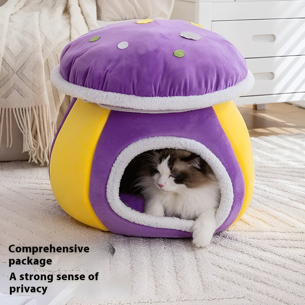 Grey mushroom-shaped plush cat nest with a detachable blanket on a wooden floor.