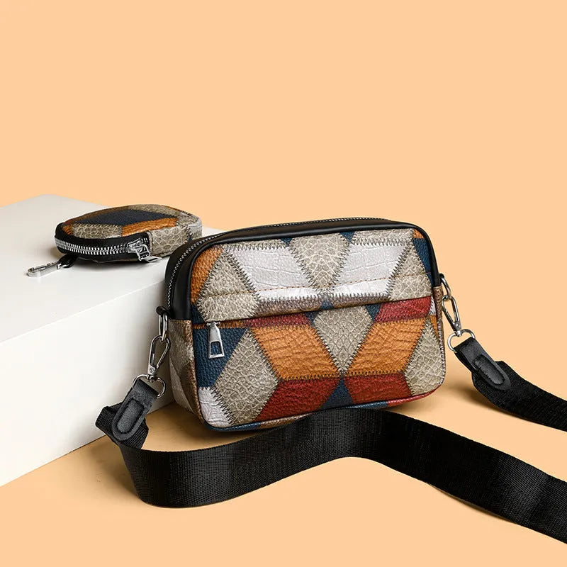 Small square crossbody bag with contrast stitching, PU outer, polyester lining, black or yellow colour matching.
