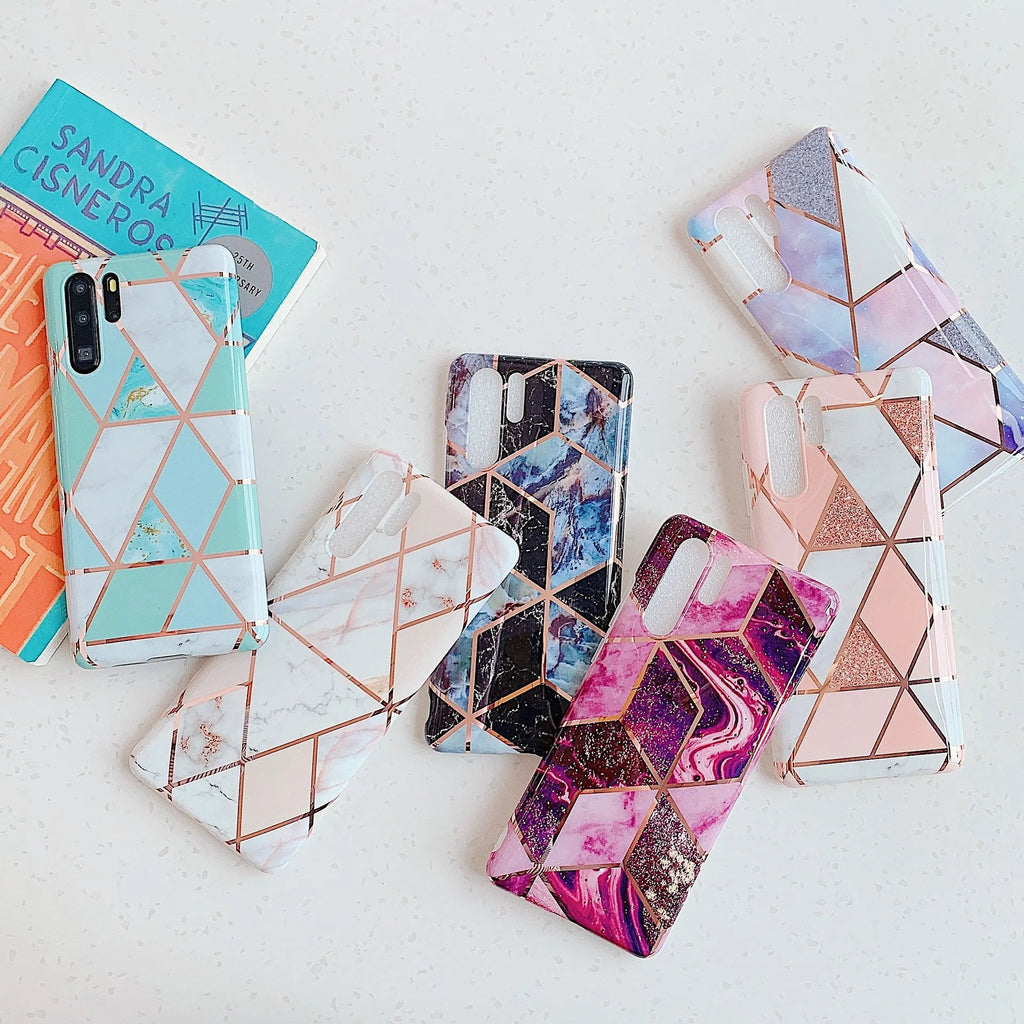 Electroplated marble finish mobile phone case for Huawei and Samsung smartphones in various colours.
