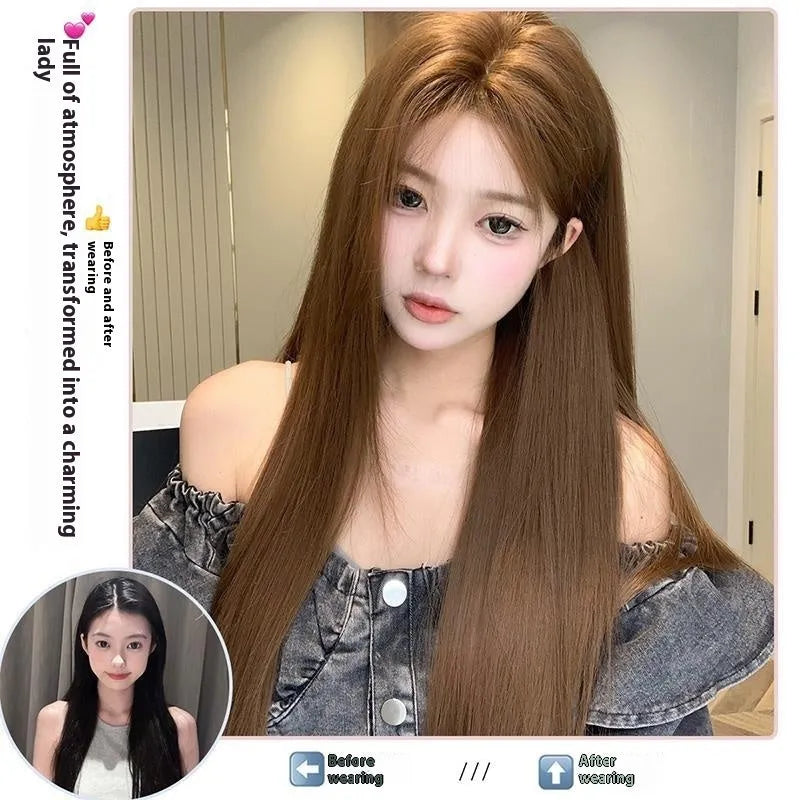 Women's warm brown wig with centre-parted bangs and long straight hair style showing forehead lace detail