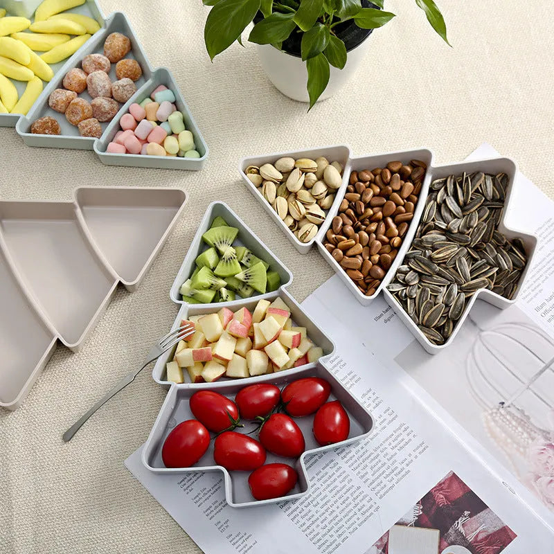 Christmas tree shaped plastic fruit platter and divided snack tray, 25.5 x 18.5cm, in blue, grey, pink or white.
