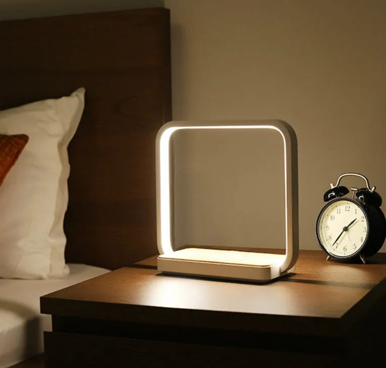 White intelligent induction lamp with LED light, touch switch, plastic lampshade, Apple compatible, interface options.