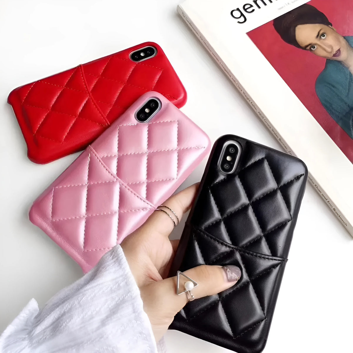 Leather iPhone case for XS Max in black, pink, or red colours