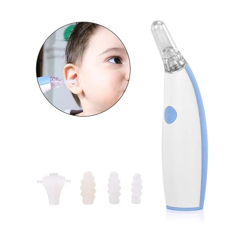 Rotating earwax vacuum cleaner with silicone spiral head, large blue handle, and LED light on display