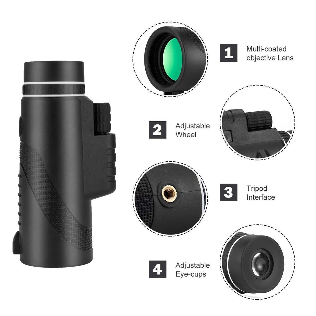 Black 40x60 monocular telescope with compact 144mm design and fully coated FMC lens