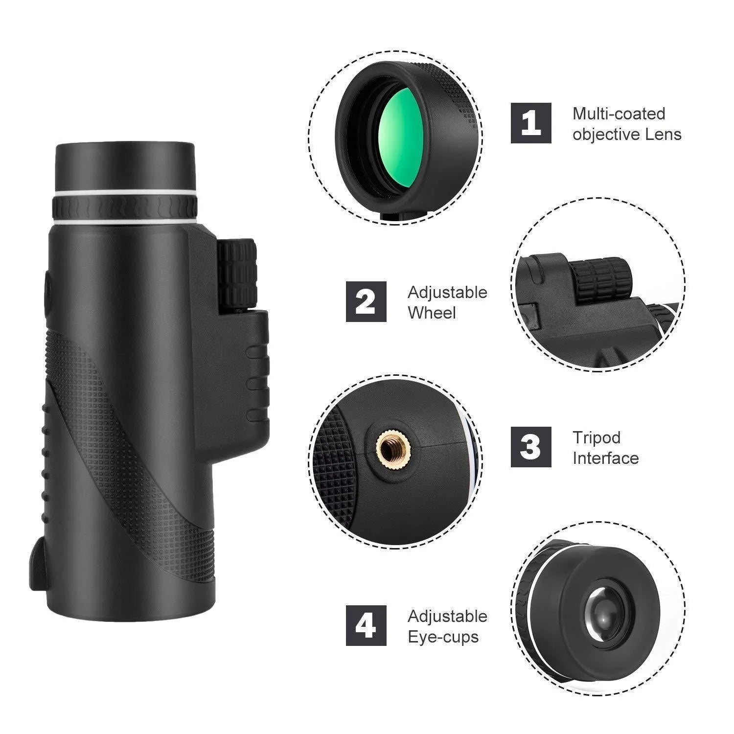 Black 40x60 monocular telescope with compact 144mm design and fully coated FMC lens