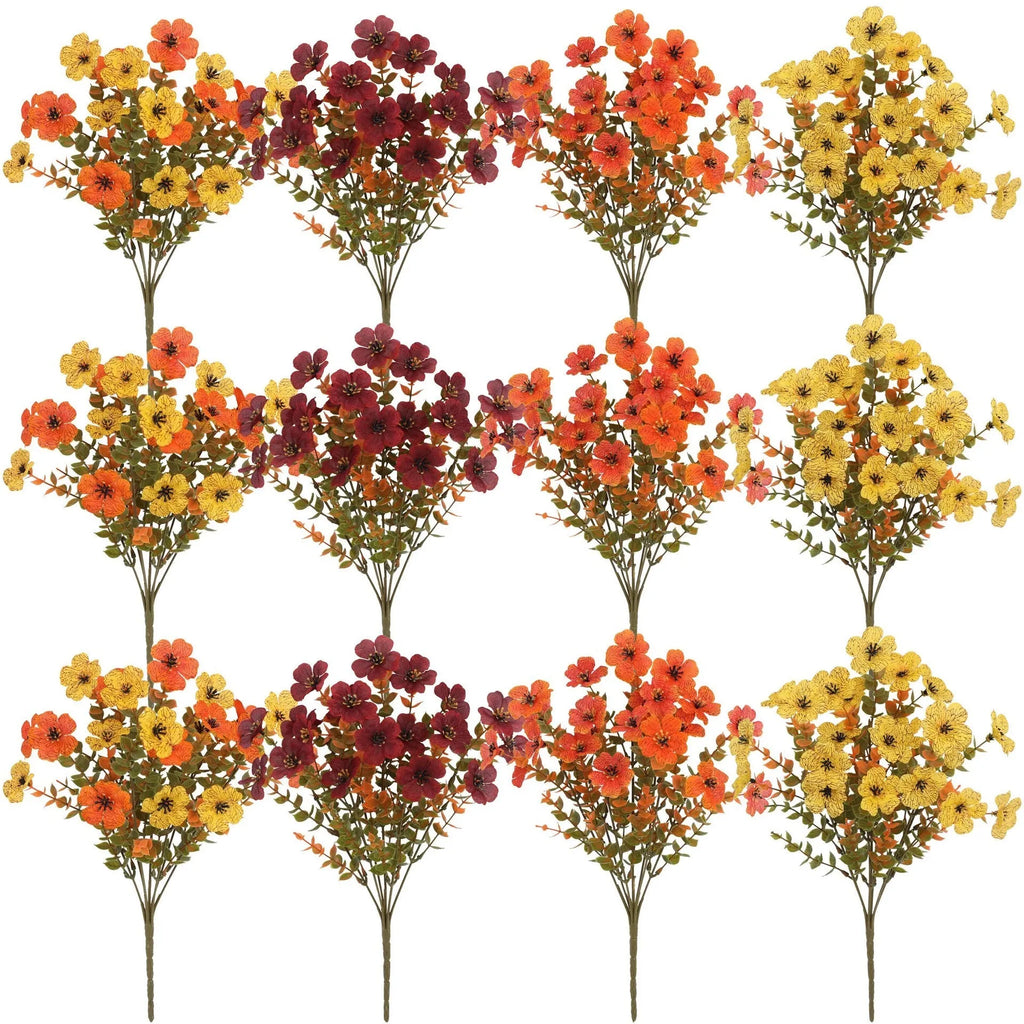 Plastic and silk artificial flower bouquet in autumn red, yellow, orange, and orange-yellow colours for home and event decor.