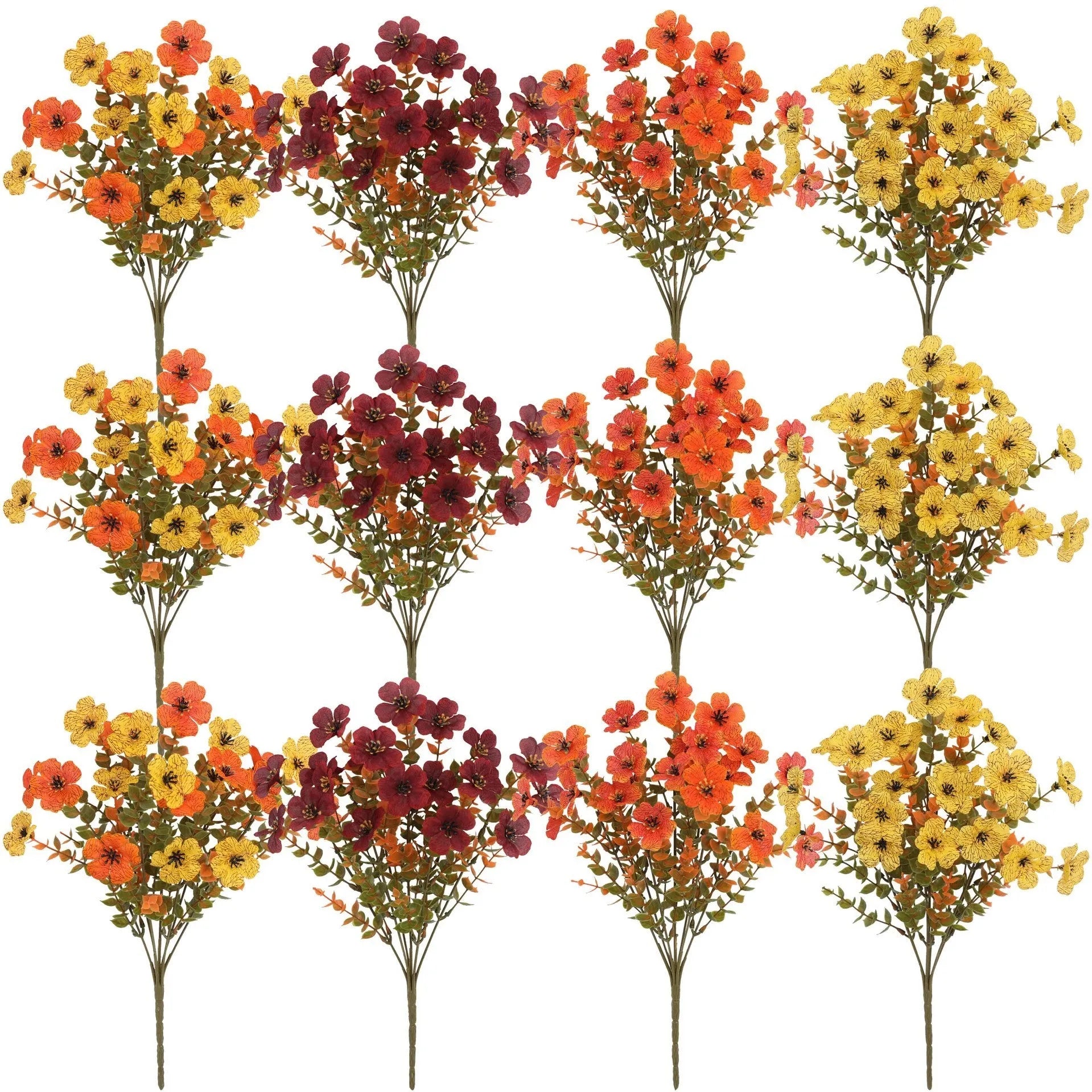 Plastic and silk artificial flower bouquet in autumn red, yellow, orange, and orange-yellow colours for home and event decor.