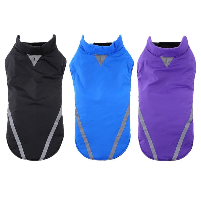 Two-legged cotton dog jacket in black, blue, or purple, sizes S to 2XL with size chart for length, bust, and neck