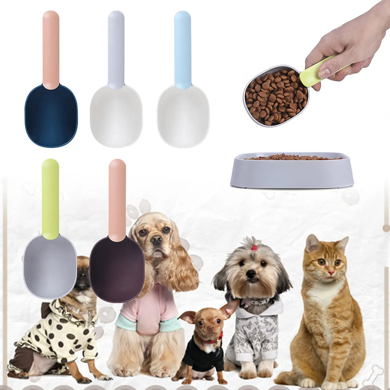 Blue plastic pet food scoop with 1 cup measure and bag clip handle on white background