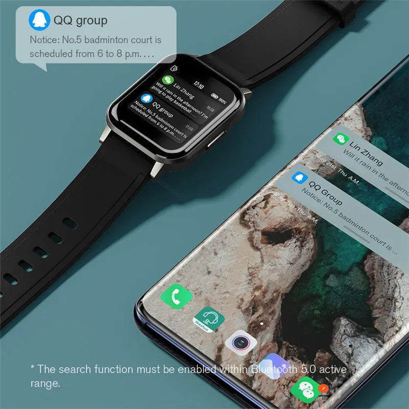 Black waterproof smart bracelet with 1.4-inch colour screen and silicone strap on a wrist