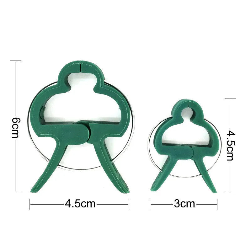 Green plastic and zinc plant fixing clips for supporting climbing garden plants