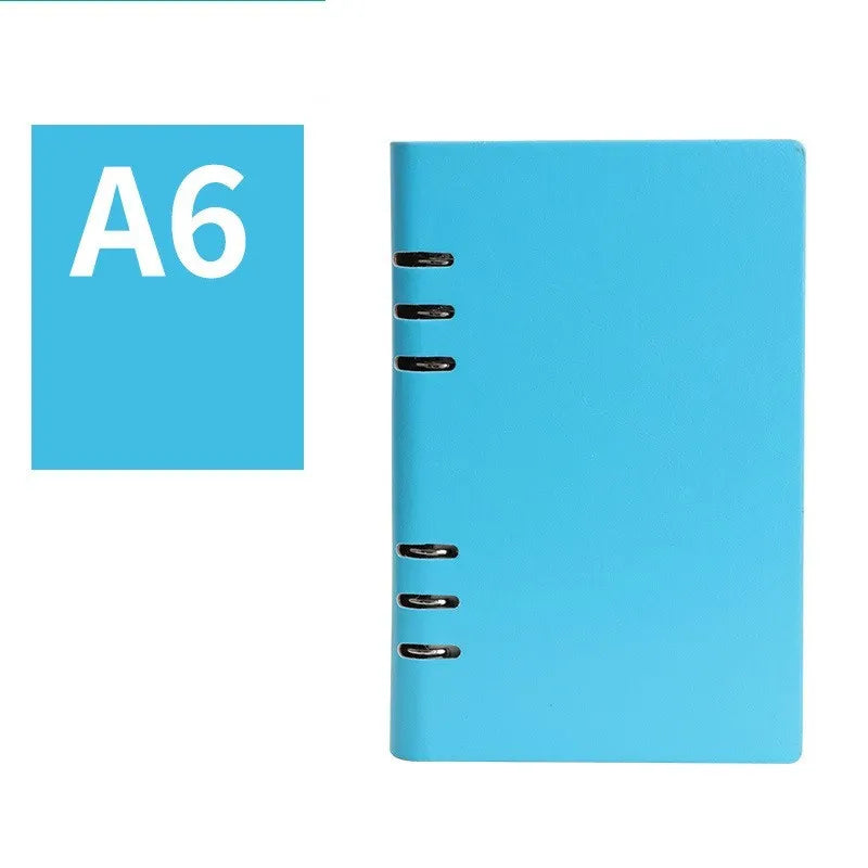 A5 loose-leaf business notebook with a black imitation leather cover, open to show beige paper.