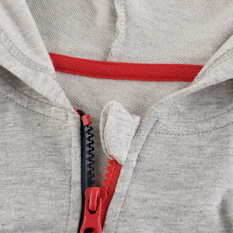 Boys hooded zip-up cotton sweater in grey or navy blue, long sleeve round neck, sizes 90-140cm