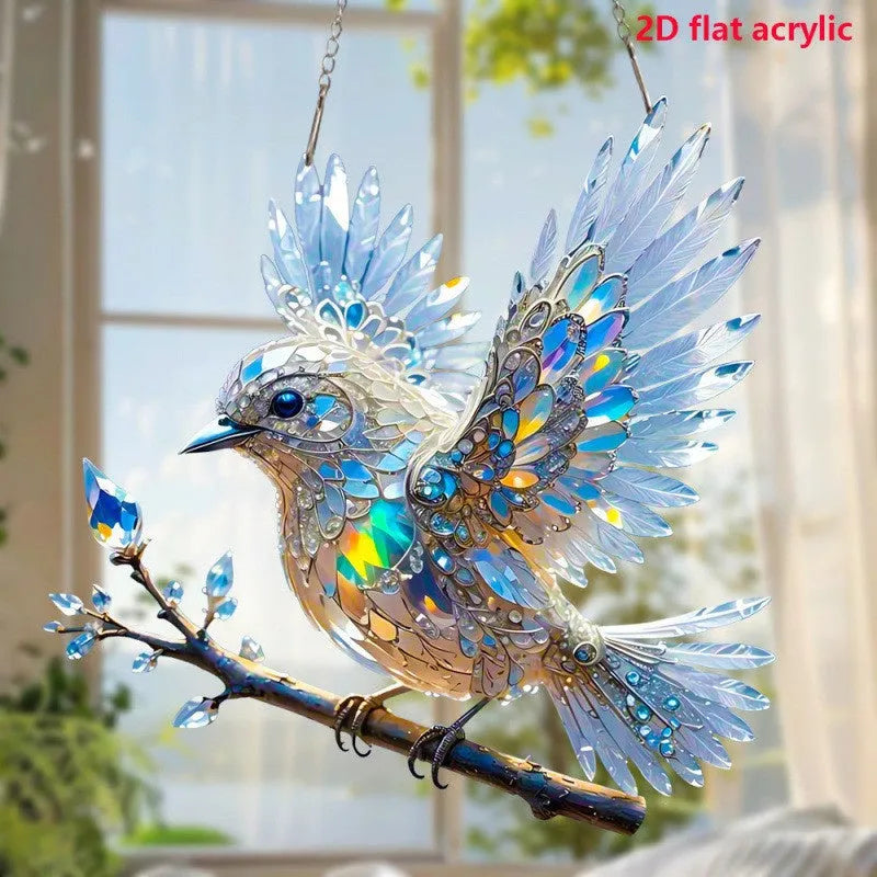 Acrylic bird pendant ornament with UV-printed cartoon design for holiday decoration