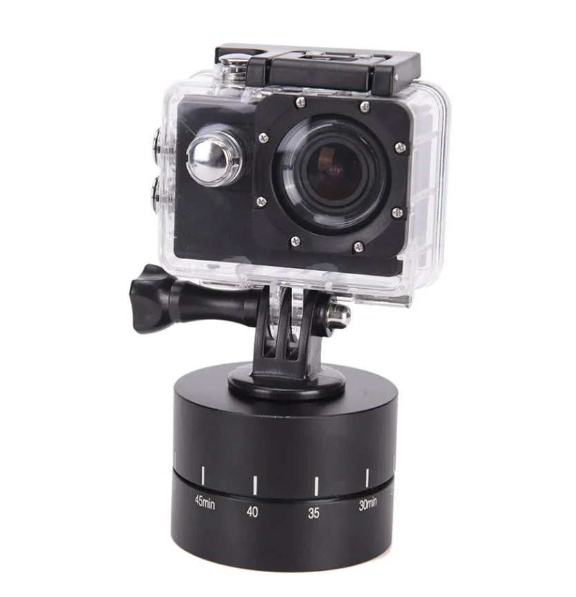 Auto-rotate 360-degree camera tripod head for GoPro and SLR timelapse photography on a tripod.