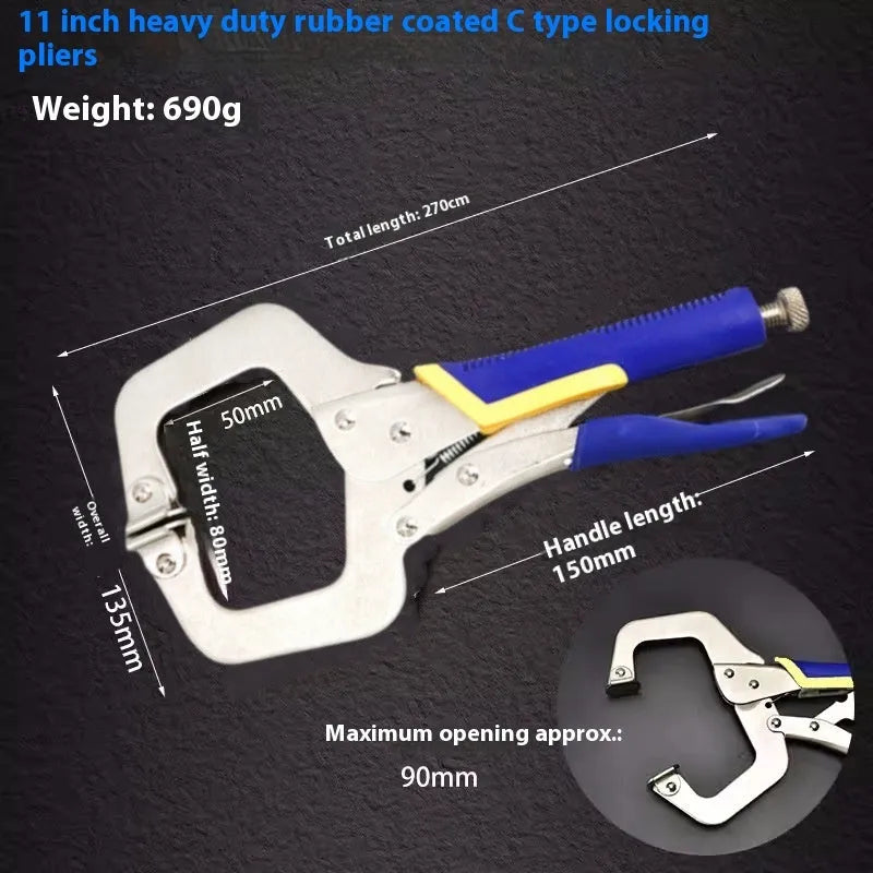 C-type alloy steel vise grip clamp with large opening and screw mechanism on a black background