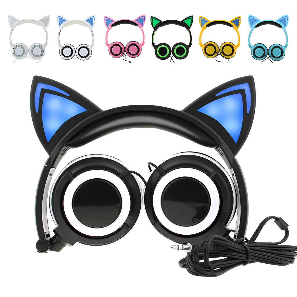 Colourful cat ear headphones with illuminated LED lights on the ears and cushions.