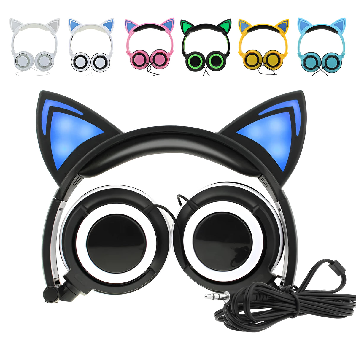 Colourful cat ear headphones with illuminated LED lights on the ears and cushions.