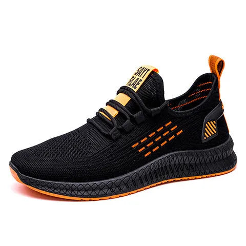 Men's black casual sports shoes with three white stripes and a cross strap on a breathable mesh upper.