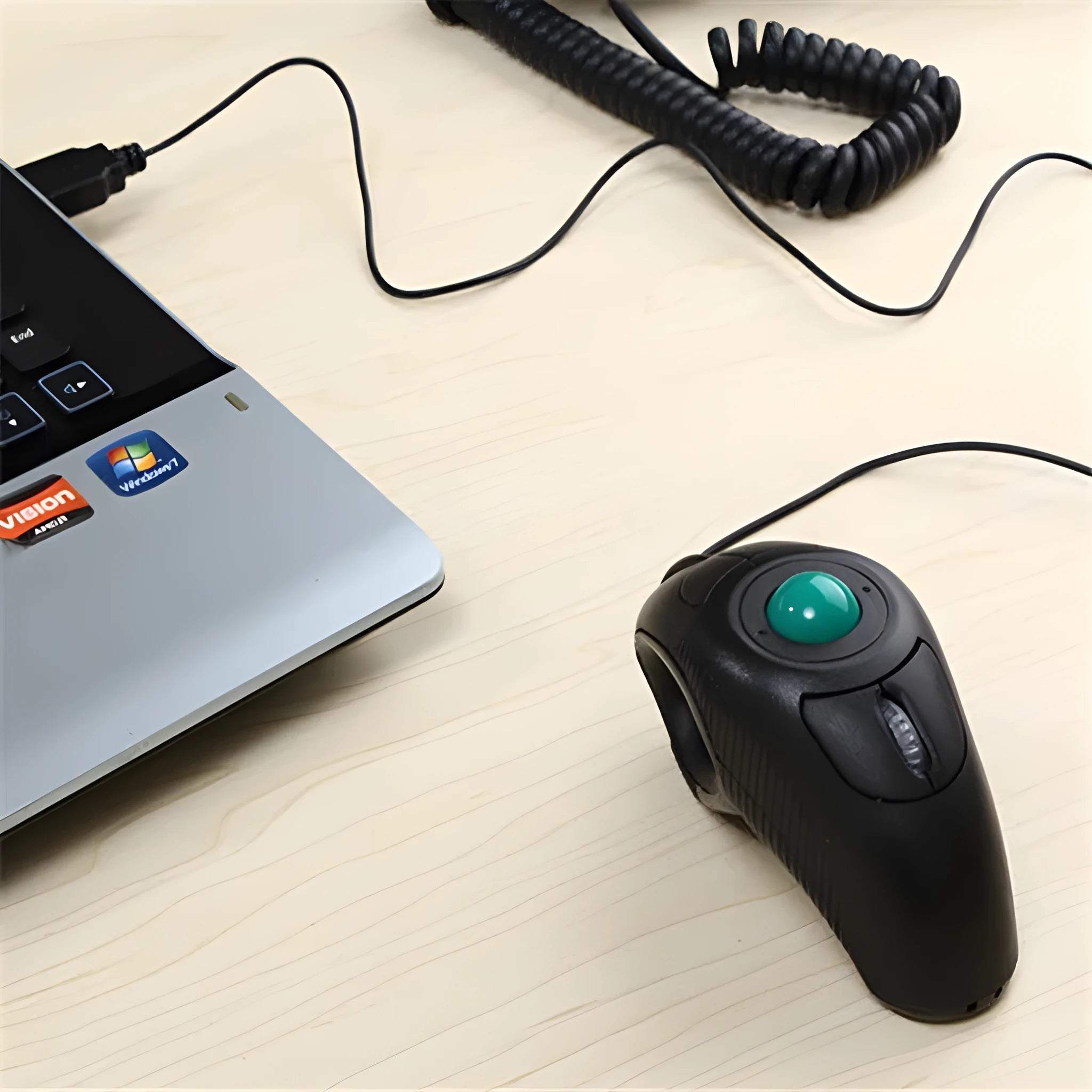 Y-10W black wireless trackball mouse with 6 buttons and 2.4GHz USB receiver on desk
