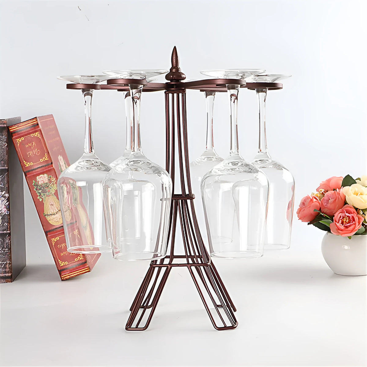 Bronze iron wine glass holder, freestanding welded stemware rack, 26cm x 15cm x 33cm