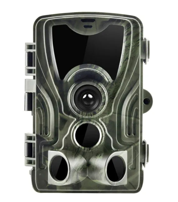 Green cellular trail camera with lens display showing 16MP resolution and 65ft night vision specifications