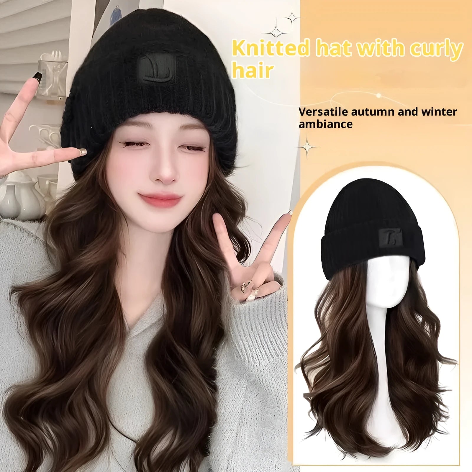 Hat wig for big head sizes with big wave protein filament style in cold brown colour