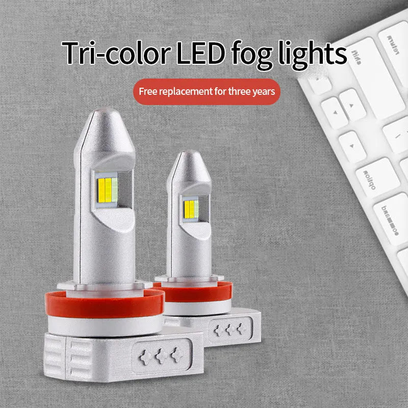 LED fog lamp retrofit bulb with aluminium housing shown alongside H8 H11 9005 format options