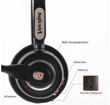 Bluetooth headset with microphone designed for truck drivers and office use, featuring noise-cancelling technology.