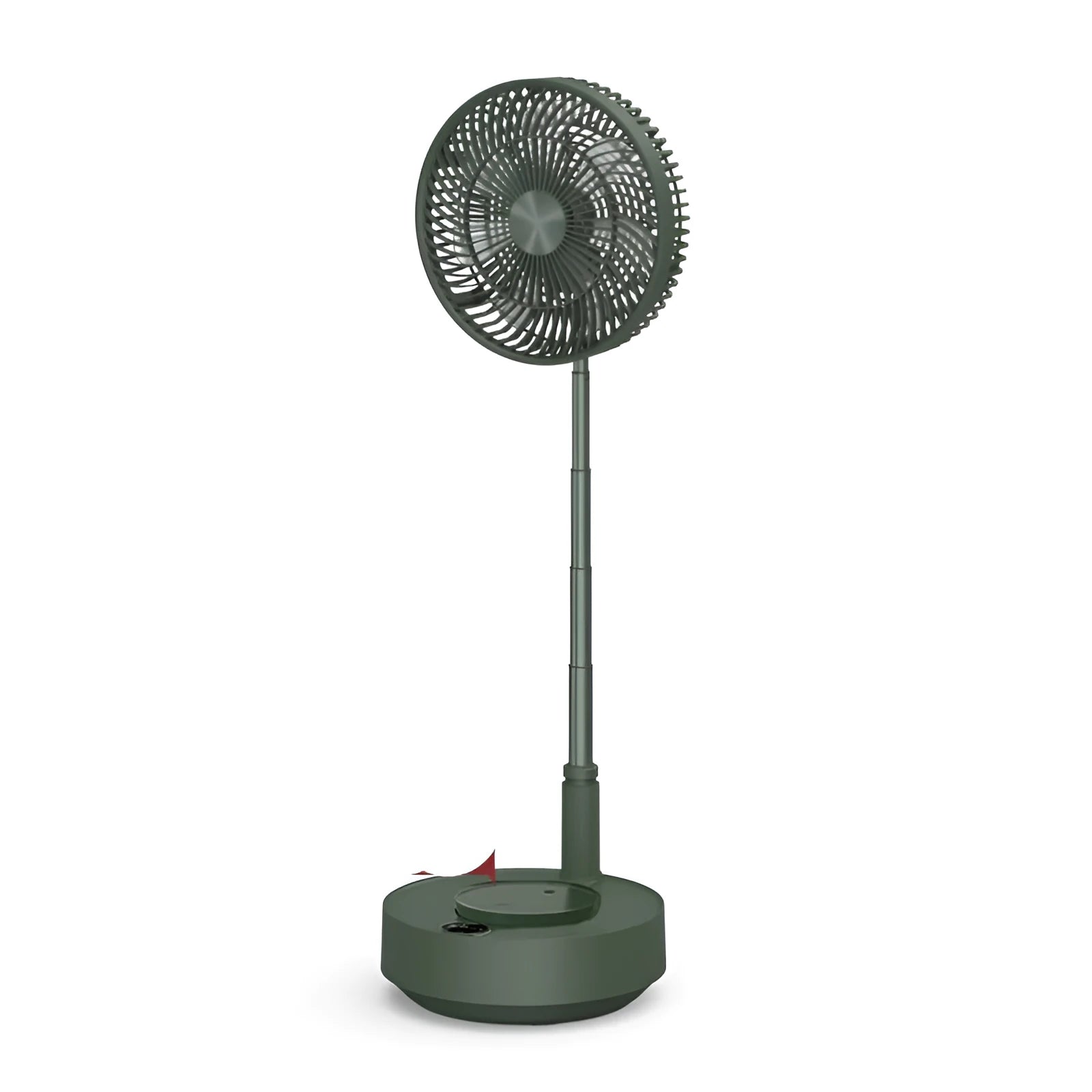 Green telescopic floor-standing electric fan with remote control in extended position