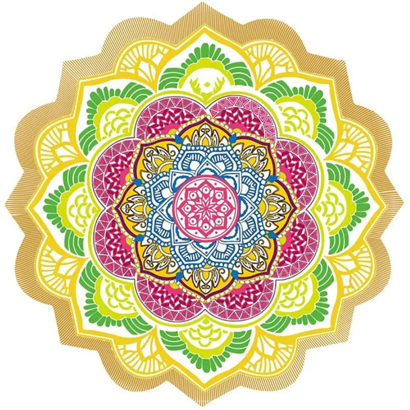 Round tassel edge yoga mat with retro ethnic print, 150cm diameter, available in Blue colour