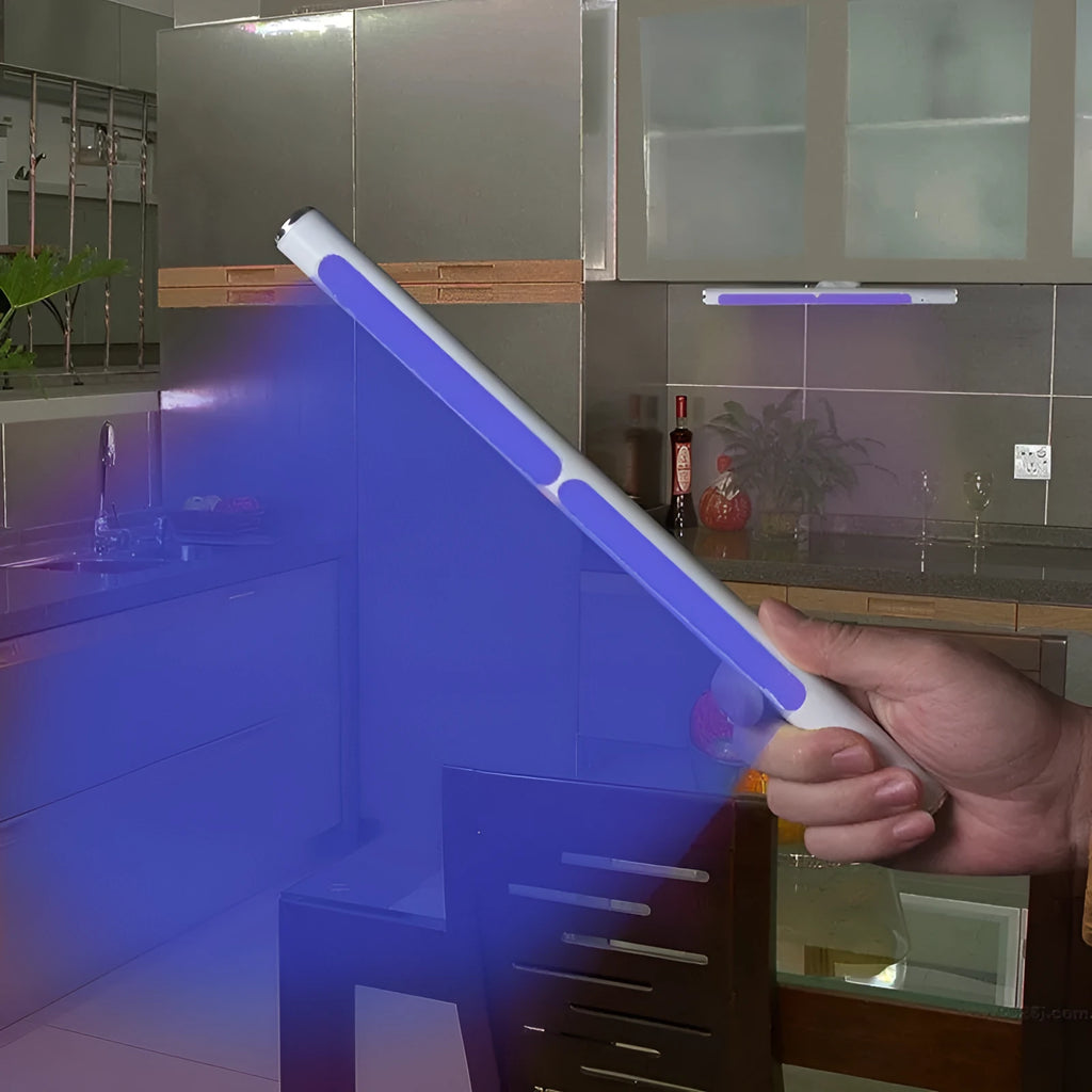 Silver handheld UV disinfection sterilisation stick, 20 x 300mm, USB rechargeable, 600mAh, 147 grams
