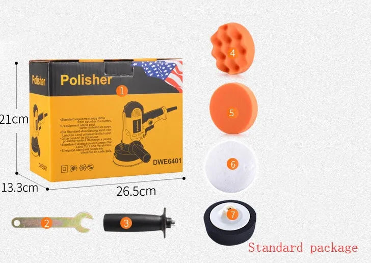 Yellow automotive polishing machine with 125mm disc for car, metal, wood and ceramic surfaces