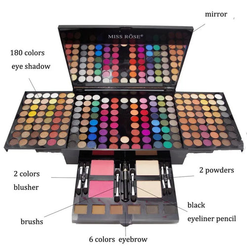 Piano-shaped makeup palette with 190 colour pans including eyeshadows, blush, and face powder