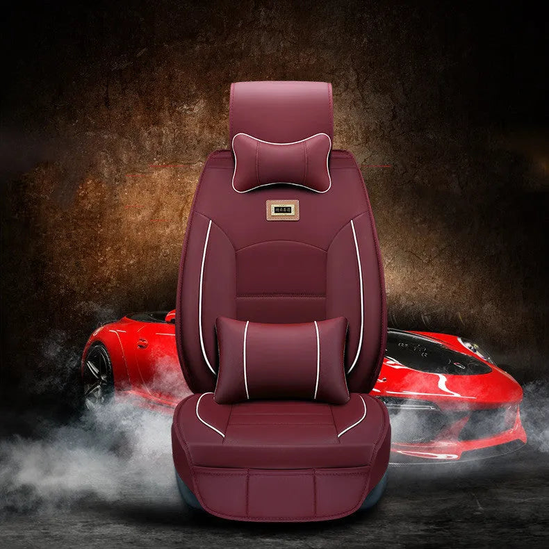 Five-seat car seat cushion cover set in leather-style material with cotton filler, available in multiple colours